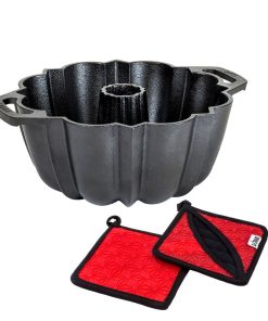 Cast Iron Fluted Cake Pan with Red Potholders